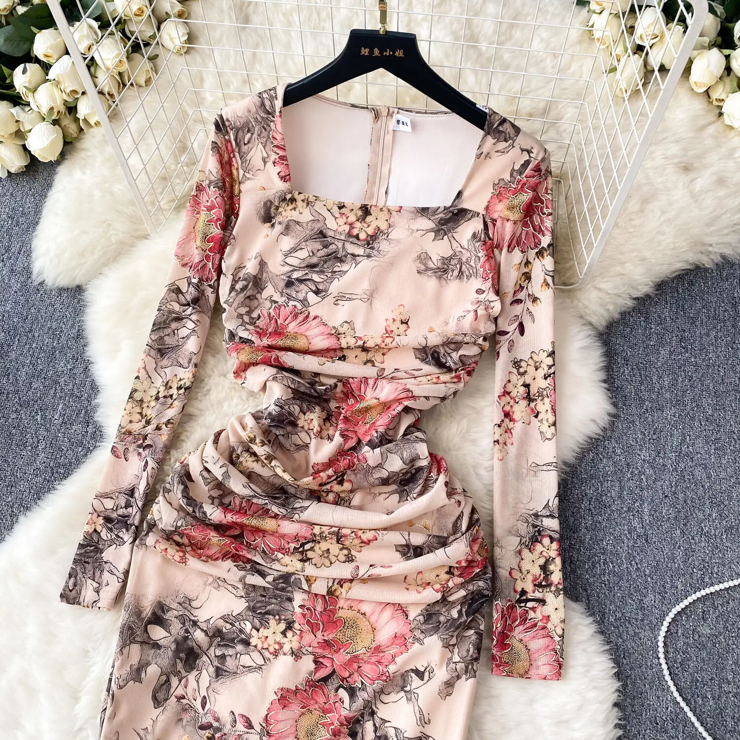 Romantic Atmosphere Floral Square Neck Dress For Women Autumn Spring Tight Slim Fit And High Quality Split Long Mesh Dress Lady