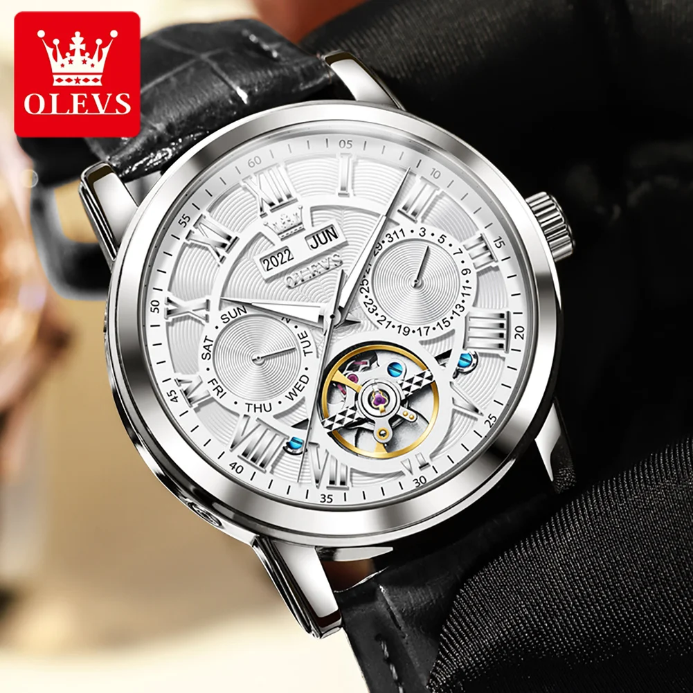 OLEVS 6668 Men's Watch Classic Hollow Skeleton Mechanical Watch For Men Roman Scale Date Waterproof Leather Dress Wristwatch