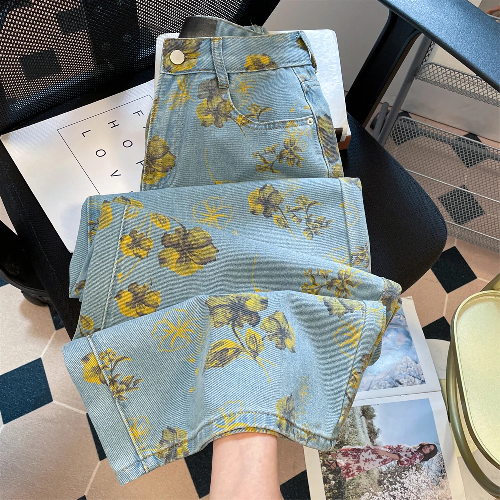 

Retro Yellow Floral Print Denim Pants for Women High Waist Wide Leg Jeans Streetwear Spring Autumn Straight Loose Floor Pants