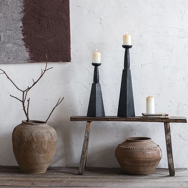 Black trapezoidal wooden candlesticks, Japanese homestay decorations, Zen solid wood dining tables, porch ornaments