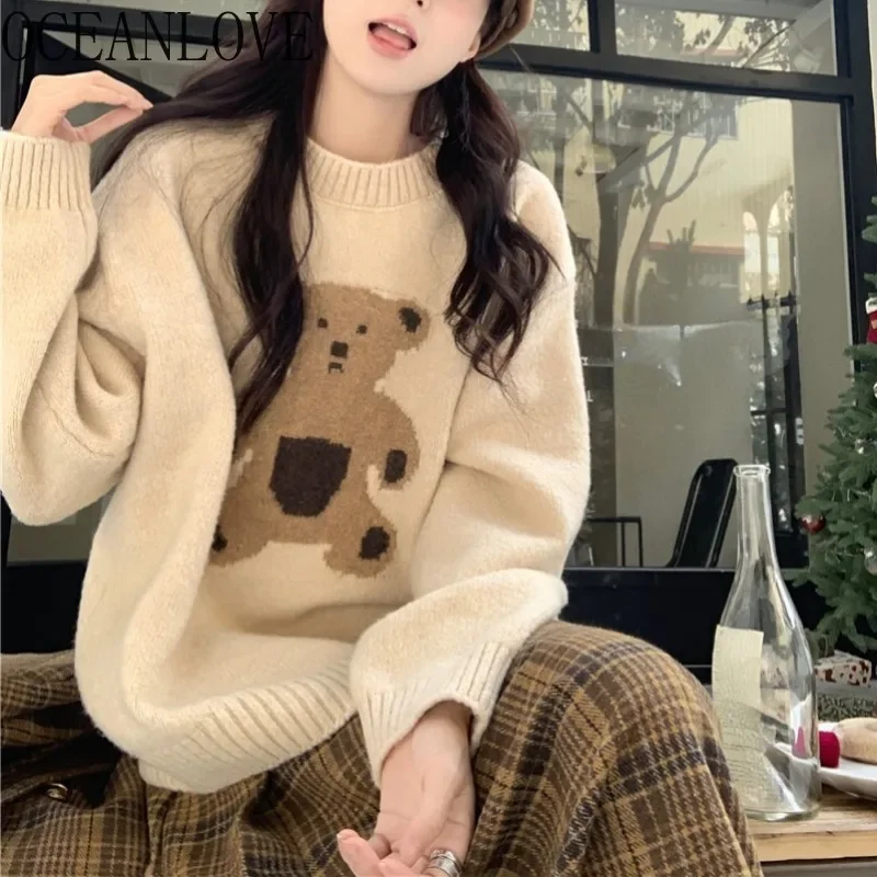 OCEANLOVE Cartoon Bear Women Sweaters Autumn Winter Korean Fashion Sweet Pullovers Cute Loose Vintage Sueters De Mujer