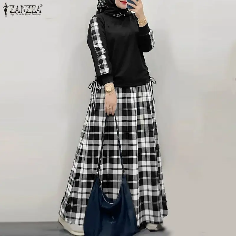 

Modest Fashion Hijabi Women Skirt Suits Plaid Long Sleeve T-Shirt & A-Line Maxi Skirt 2 Piece Sets ZANZEA Islamic Muslim Outfits