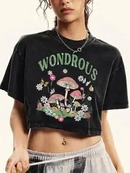 Mushroom Gardenprint Female Washed Short Tshirt Breathable Summer T Shirt Casual Fashion Distress Midriff-Baring Clothes Women