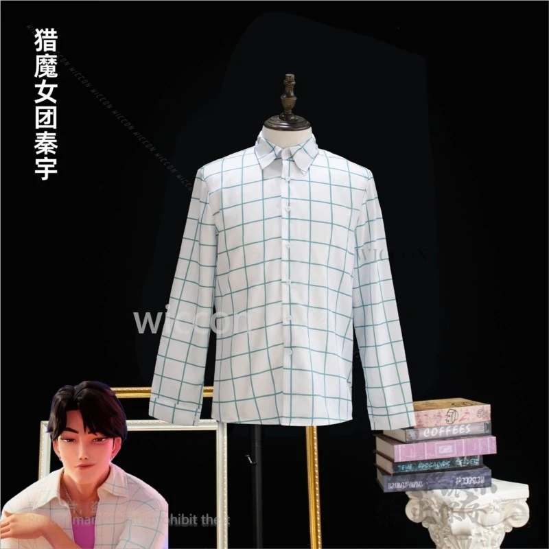 Anime K-POP Movie Demon Hunters Superstar Jinu Plaid Shirt Pink Linner T-Shirt Cosplay Costume Jinu Halloween Party Handmade