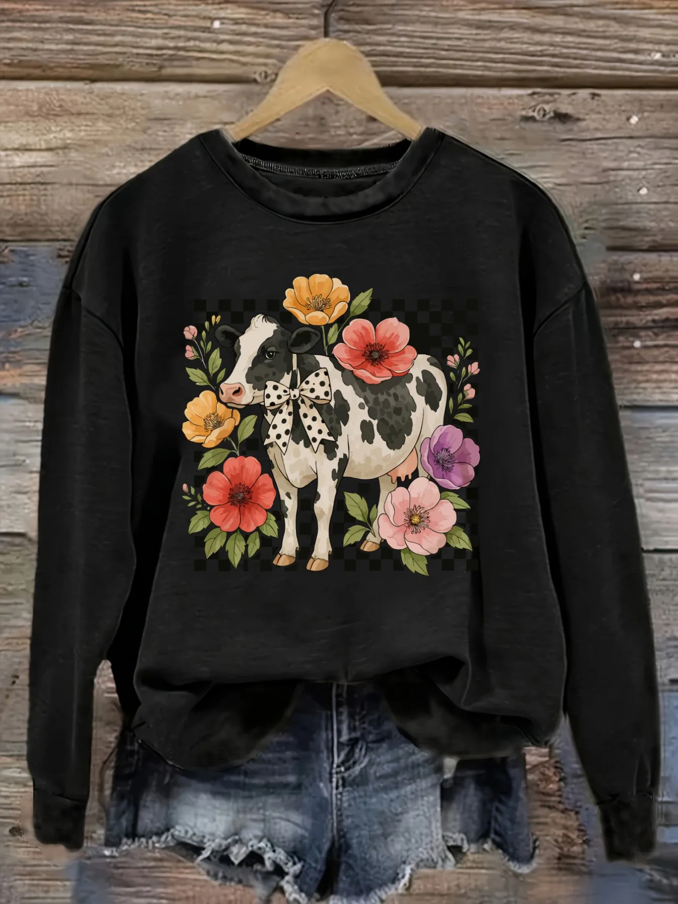 Women's Casual Long Sleeve Crew Neck T-Shirt Floral Cow Checkered Pattern Print Design, Round Neck Women's Clothing, Machine Washable, Slightly Elastic, Loose Fit, Spring Autumn Winter Women's T-Shirt, Halloween Costume Outfit