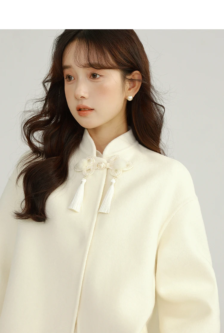 Elegant Wool Cape Coat Short Loose Outerwear Women New Chinese Style Cloak with Beaded Button Warm Double-Faced Winter Jacket