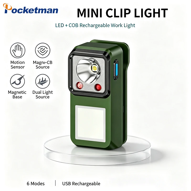 Motion Sensor Clip Light USB Rechargeable LED COB Magnetic Pocket Flashlight 6 Modes Portable Outdoor Work Headlamp
