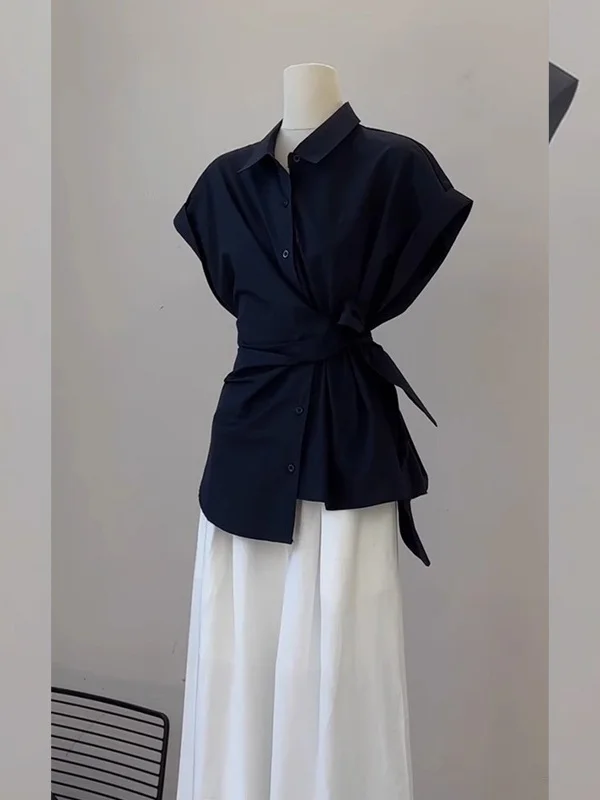 Bla Bow Tie Waist Cinched ort Sve irt Women's Summer 2025 New Small Design Sense Top Korean Sle Commute Wind