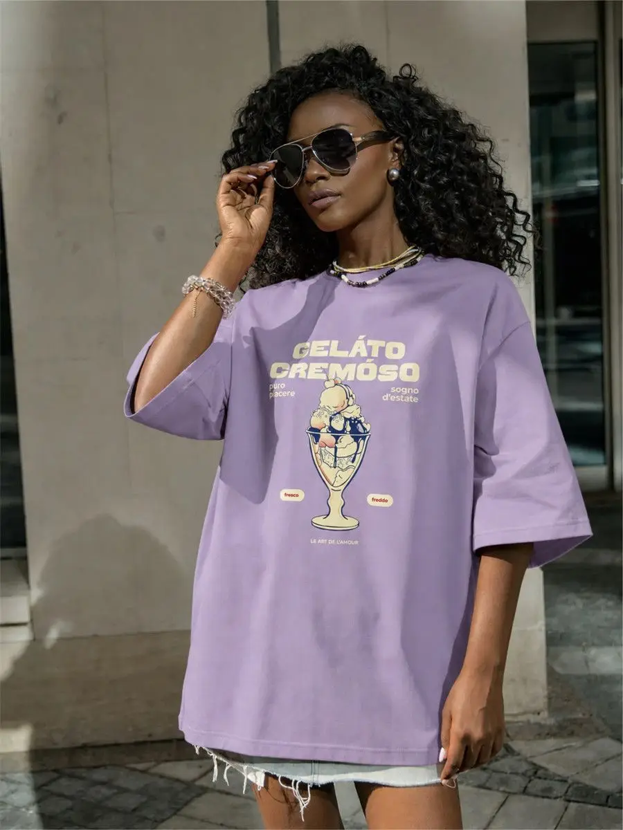High Quality Summer Lavender Oversized Tee Vintage Italian Gelato Sundae Cartoon Print Cotton Loose Women Beach Street T Shirt