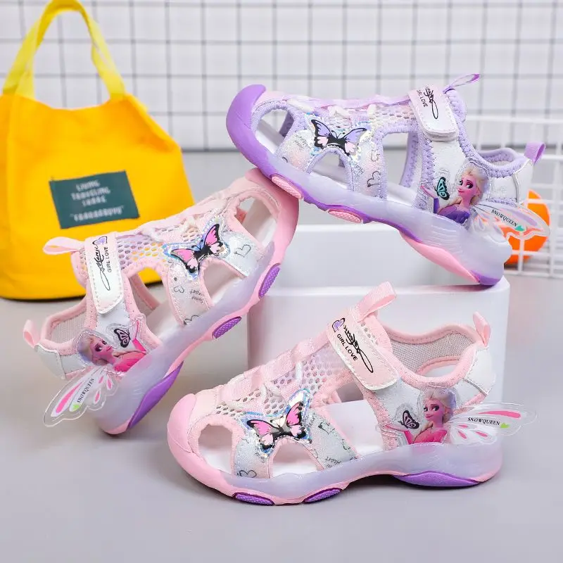 Disney-Sandalias antideslizantes para niñas, zapatos de princesa Elsa, con suela suave, color rosa y morado, talla 23-36, estilo veraniego