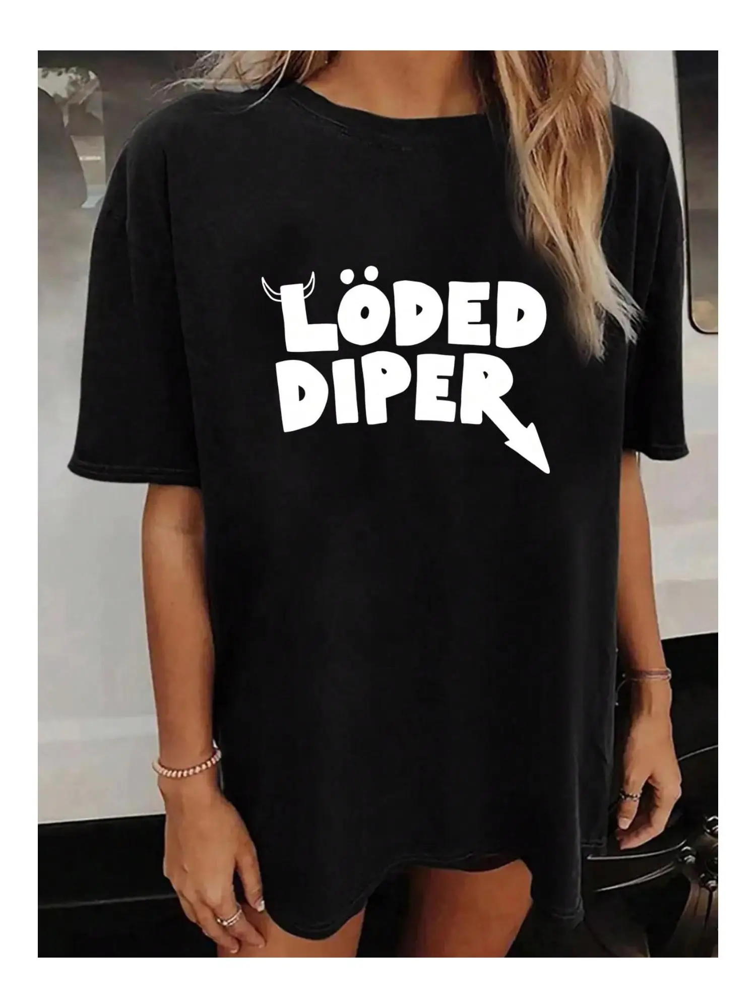 

Женская свободная футболка большого размера с буквенным принтом LODED DIPER для женщин, повседневная трикотажная ткань с круглым вырезом, всесезонная