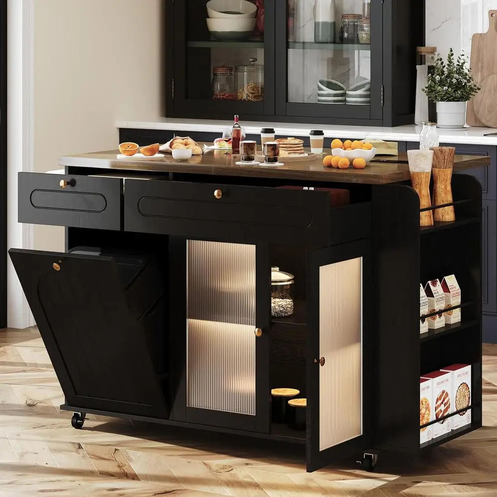 

58 Mobile Kitchen Island with Power, LED Light, Drop Leaf, Storage, Trash Bin, Spice and Towel Racks, Classic Black