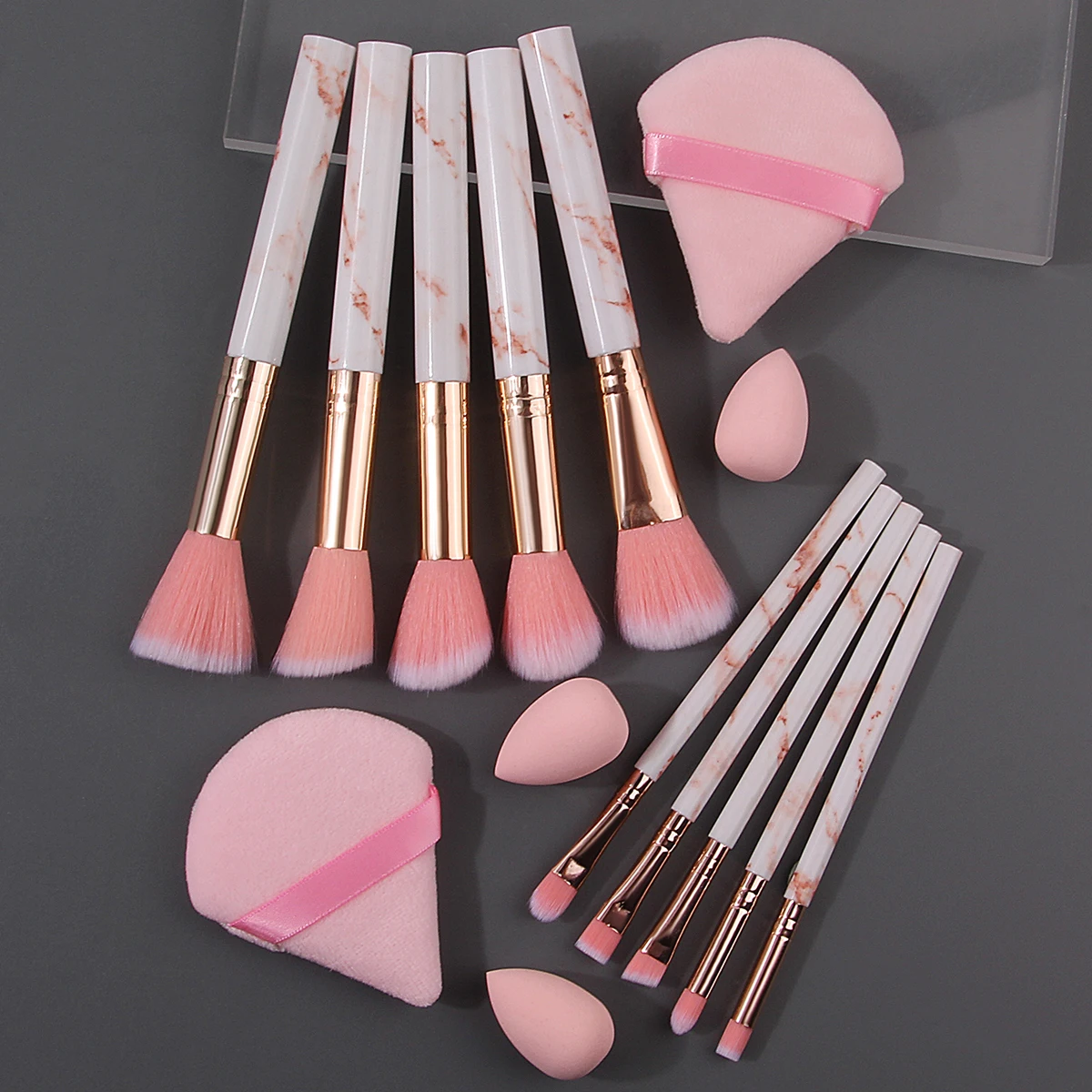 10 STKS gemarmerde multifunctionele make-up kwastenset + 2 STKS driehoekige poederdons + 3 STKS mini spons schoonheid ei schoonheid gereedschap
