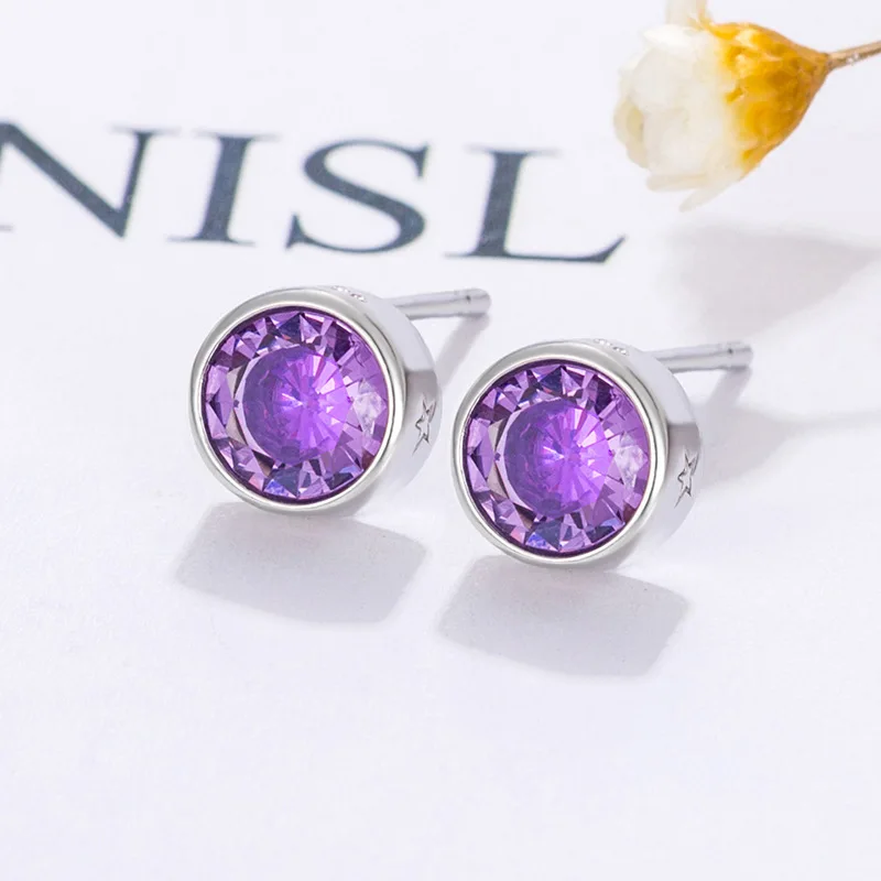 Mystic Rainbow Zircon Classic Round Stud Earrings For Men Women Silver Color Purple Pink White Stone Small Ear Studs Jewelry CZ