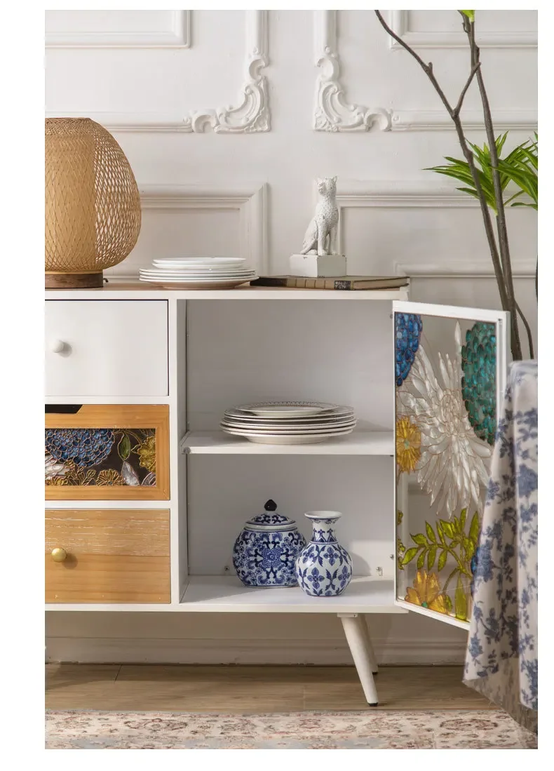 خزانة جانبية لتناول الطعام بلون المينا الأمريكية المرسومة يدويًا، وغرفة شاي، وخزانة صدر فاخرة خفيفة من الزجاج المقاوم للغبار #3