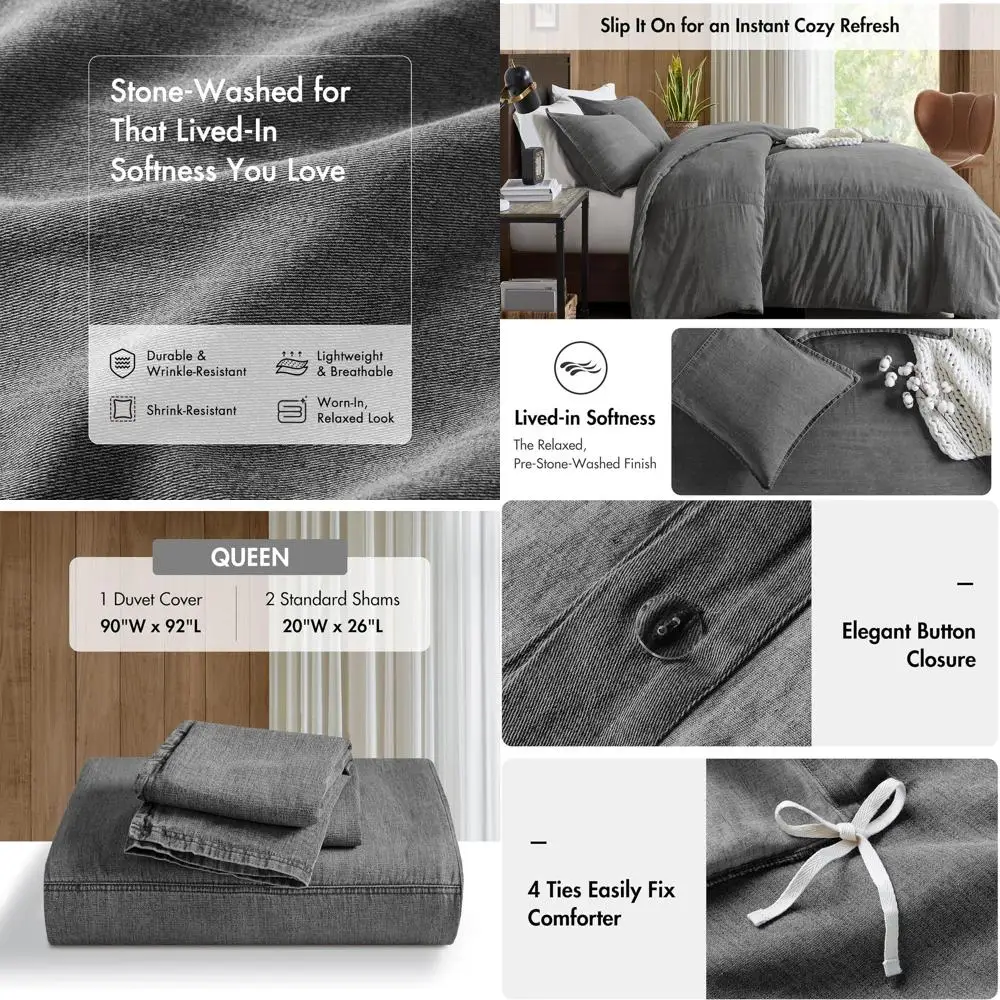 

Stone Washed Cotton Queen Duvet Cover Set, Oversized Soft Bedding for Full/Queen Beds, McKenzie Grey 3-Piece