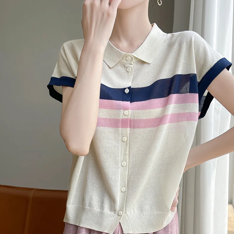 

Women's Summer Ice Silk Imitation Wool Color Blocked POLO Shirt T-Shirt Casual Knitted Fashionable Short Sleeved Top