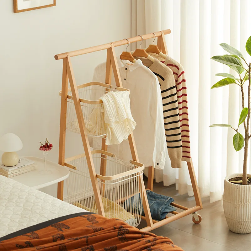 

Solid wood floor coat rack household bedroom removable hanger dirty clothes basket simple drying rack indoor clothes rack