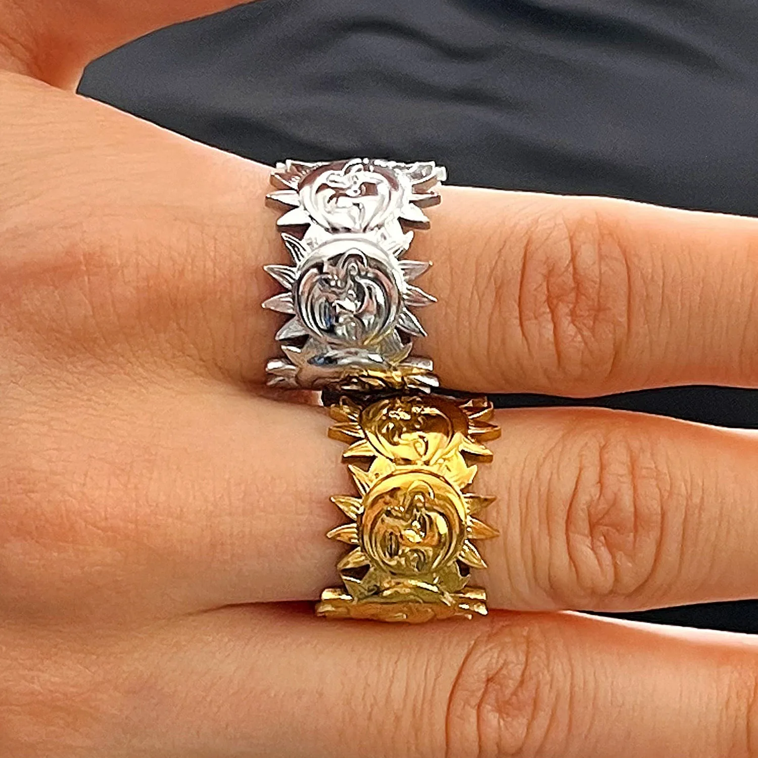 2pcs Stainless Steel Sun Moon Face Open Rings for Women Men Sun Goddess Rings Celestial Statement Finger Jewelry Accessories