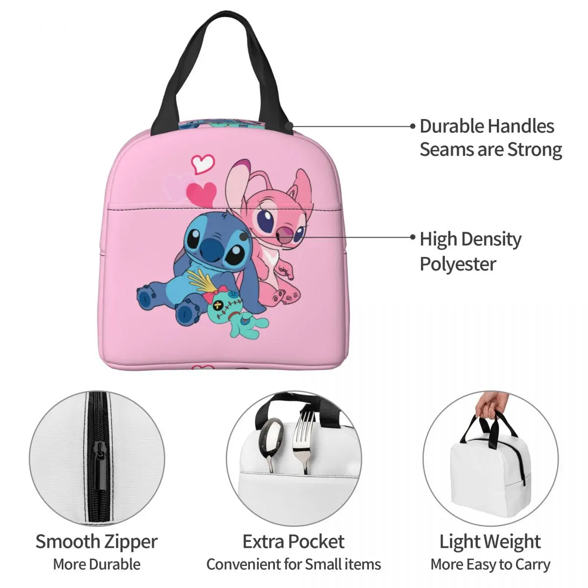 Stitch Angel Experiment 626 Insulated Lunch Bag Cooler Bag Lunch Container Leakproof Tote Lunch Box Food Storage Bags College