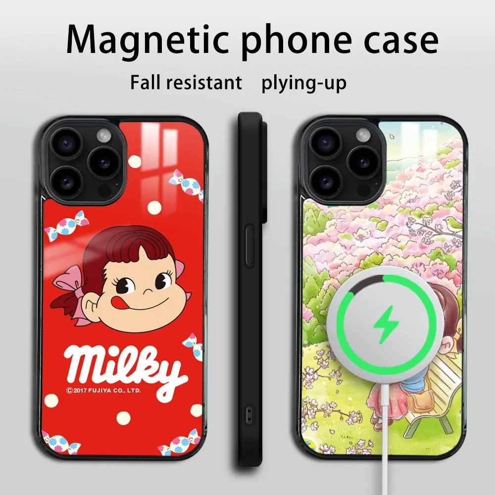 F-Fujiya Milky Peko-Chan Phone Case For iPhone 16 15 14 13 12 11 Pro Max Plus Mini Magsafe Mirror Wireless Magnetic Cover