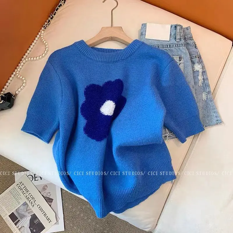 Summer T Shirt Women Korean Fashion Blue Flower Knitted Short Sleeve Luxury Designer Clothing Round Neck Short Sleeve Tops