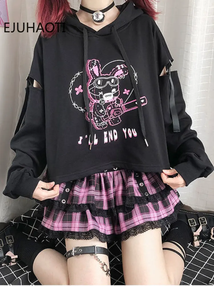 

Spring/Summer 2024 New Women's College Style Dark Hooded Short Hoodie Tiered Kawaii Skirts Sets Y2k Mini Skirt Tow-piece Suit