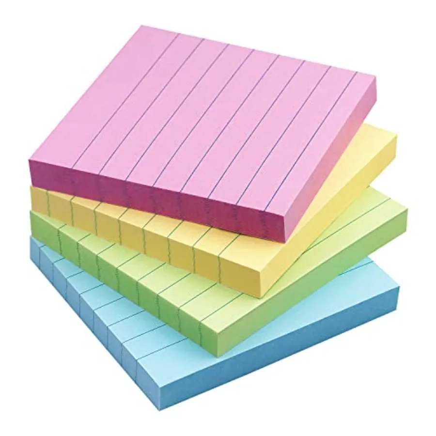 Lined Sticky Notes for office use, paper material, assorted colors, lined design for neat writing, 4 pads with 90 sheets each