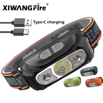 USB 충전식 휴대용 모션 센서 헤드 램프, 캠핑 손전등, 헤드 라이트 토치 램프, 내장 배터리