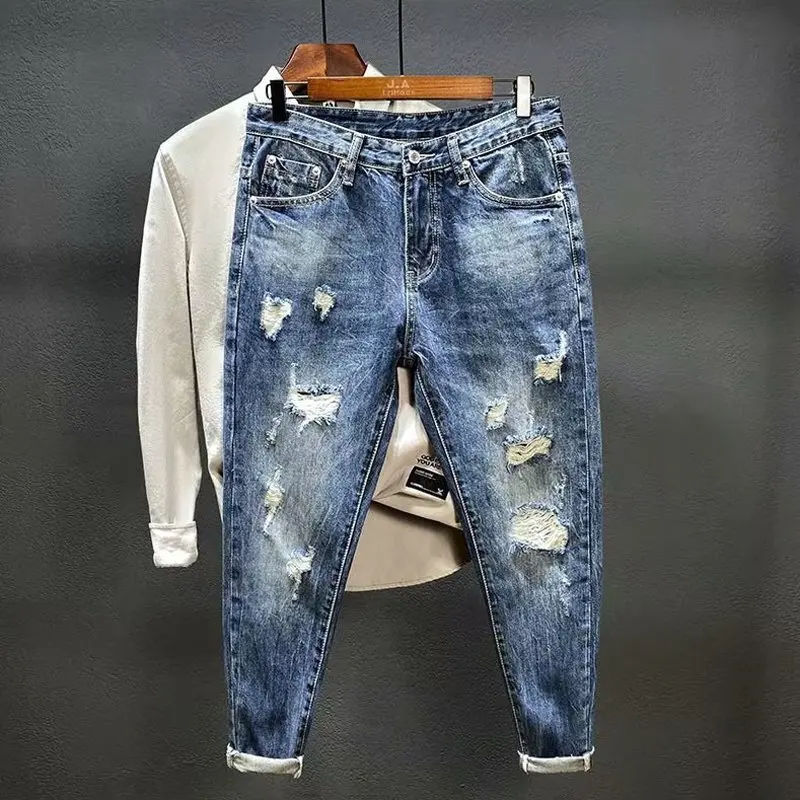 Męskie jeansy retro z dziurami i efektem zniszczenia, luźne, proste, krótkie, w stylu koreańskim, dżinsowe spodnie beggar.
