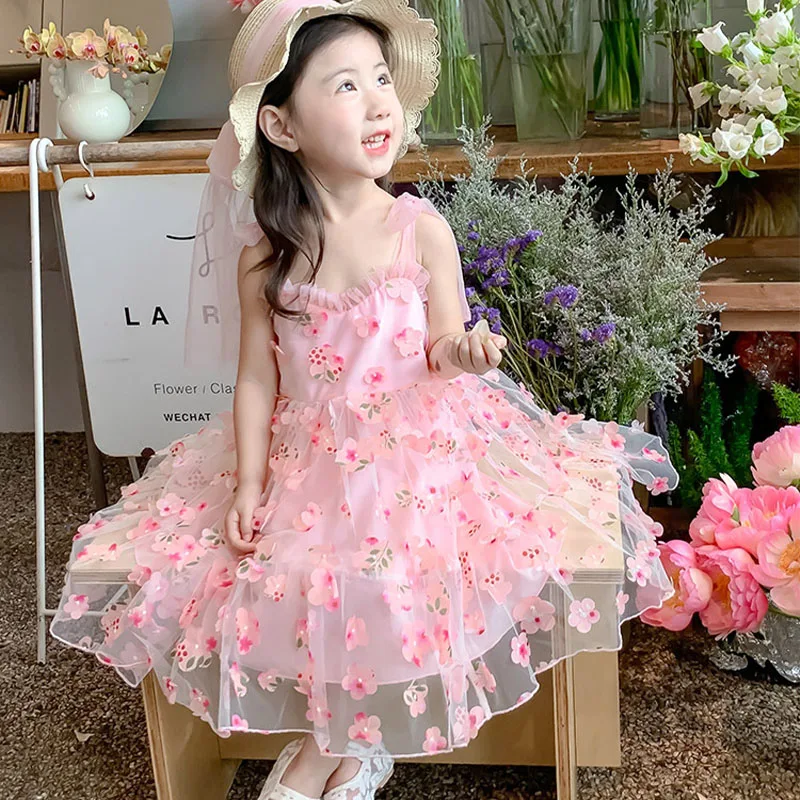 (0-3 Years Old) Summer Baby Girl Wearing Petal Suspender Princess Dress, Girl Mesh Birthday Party Dress