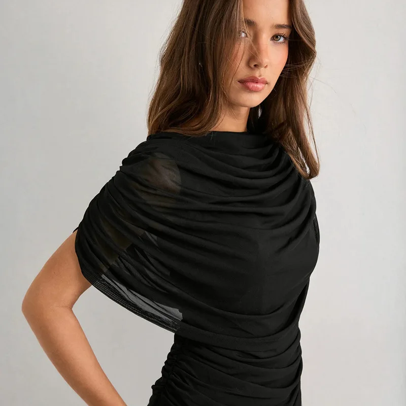 Black Chiffon Cape Top Women Elegant Short Sleeve Blouse Autumn New Sexy Sheer Overlay Ruched Party Shirt Casual Fashion Tops