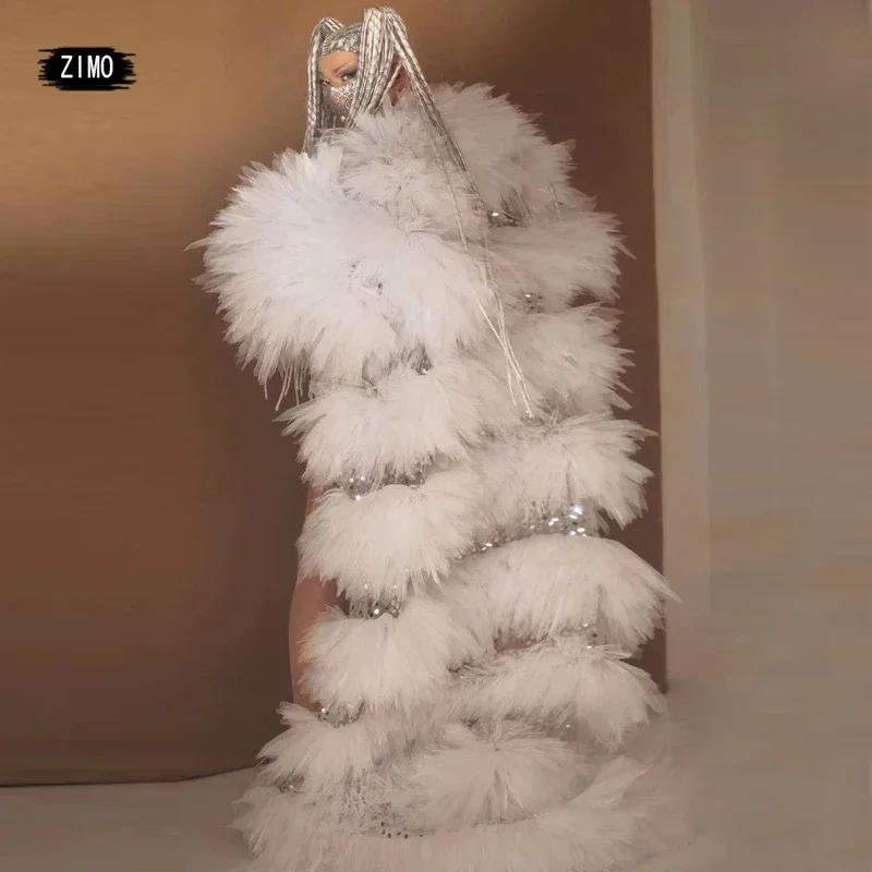 Long Coat Long Sleeve White Sequin Tulle Performance Party Nightclub Designer Clothes Dance Singer Drag Queen Costumes Stage