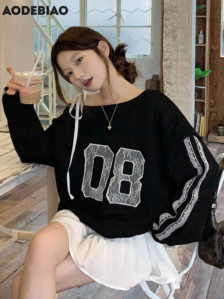 AODEBIAO Black Hoodie Women Autumn Winter Long Sleeves Fashion Print Hoodie Sexy Off-shoulder Casual Hoodie Women New Streetwear