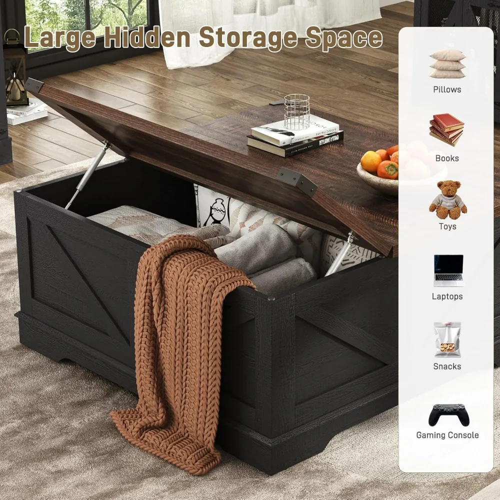 40” Large Farmhouse Lift Top Coffee Table with Power Outlets and Large Hidden Storage, Square Wood Living Room Tables, Multi-Fun