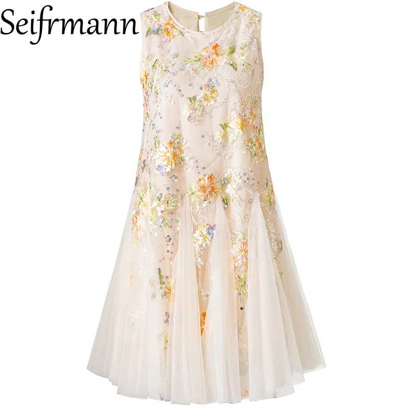 

Seifrmann 2026 Summer Women's New Fashionable Round Neck Sleeveless Splicing Mesh sequin Embroidered Dress