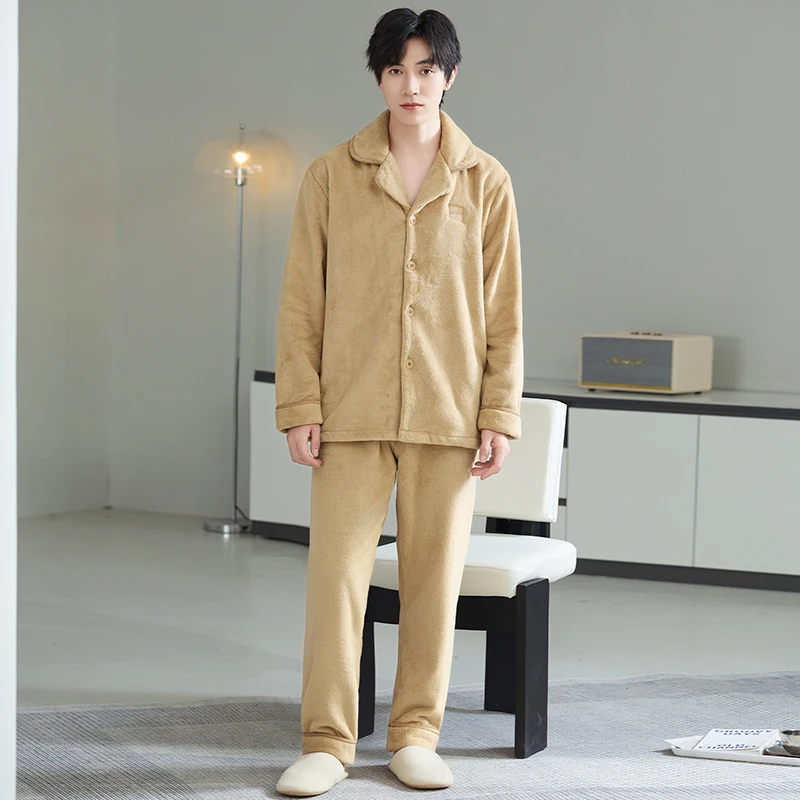 Newest Winter Men Flannel Sleepwear MaleThick Warm Turn-down Collar Pijamas