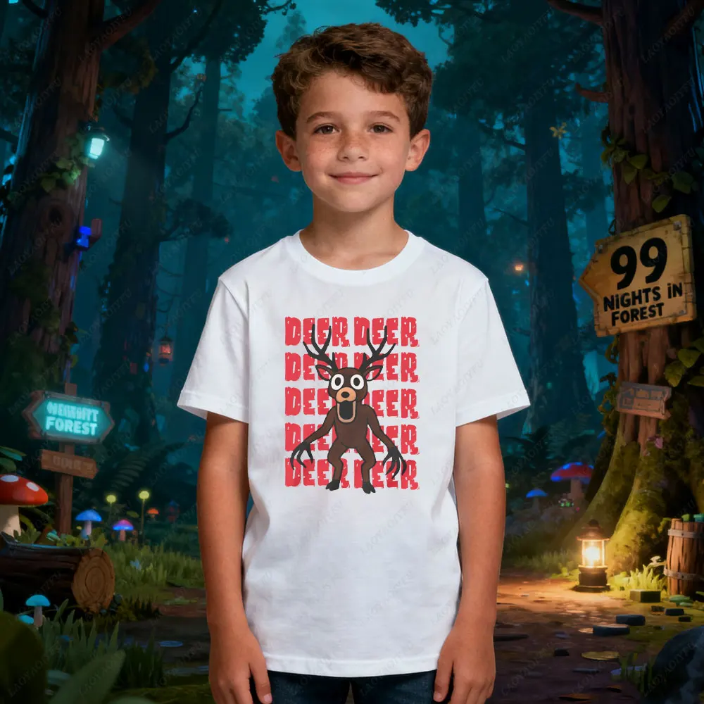 2025 99 Nights in The Forest Inspired Deer Game Tee Perfect for Nature Lovers, Birthday Gifts Fun Cute Cartoon Deer Kids T-Shirt