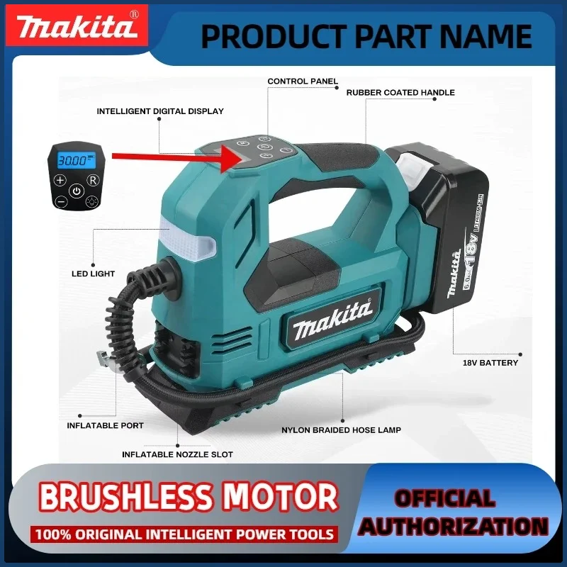 

Беспроводной портативный насос для накачивания шин Makita с цифровым экраном для автомобилей и мотоциклов, литий-ионный мобильный беспроводной накачиватель