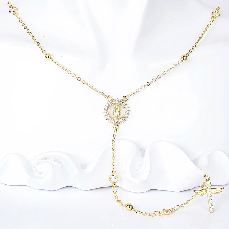 

Celestinova Luxury D Color Round Cut Moissanite Cross Virgin Mary Rosary Necklace Copper Wing Womens Jewelry Necklace Gifts