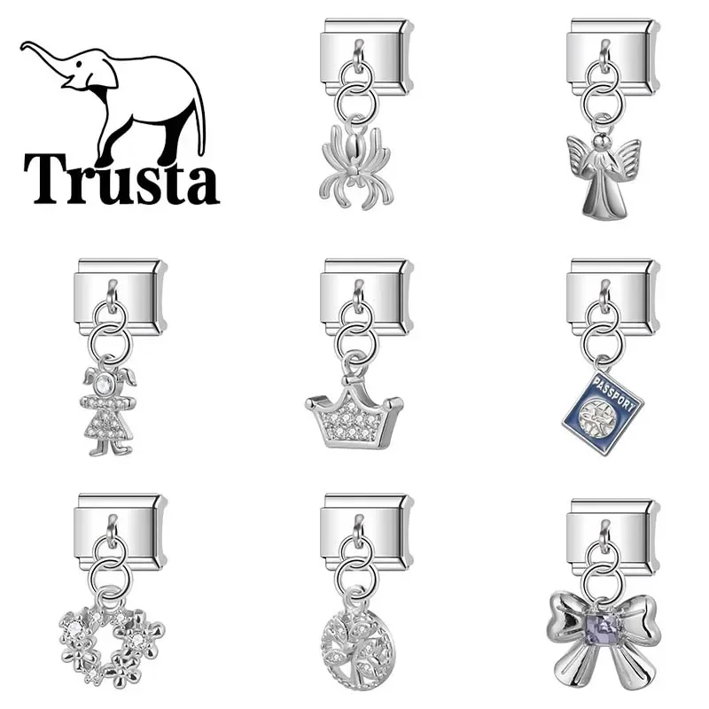 Trusta 2024 New Fashion Crown Girls Spider Bowknot Charm Italian Links 9mm Bracelet Stainless Steel for Women DIY Jewelry N096