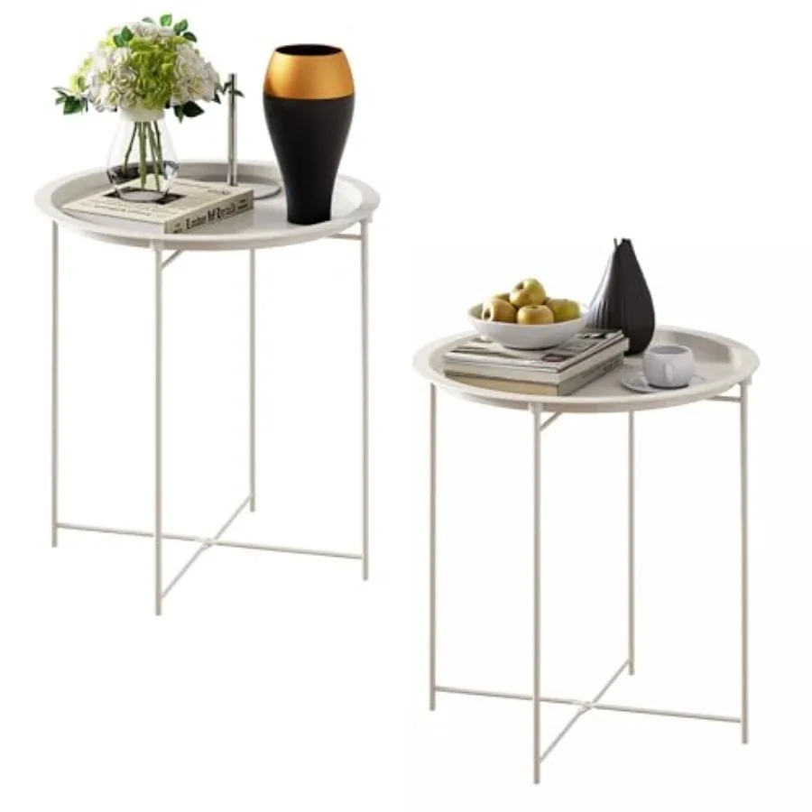 

End Table Set of 2, Outdoor Side Table, Small Patio Round Folding Metal Side Tables for Outdoor, Living Room, Bedroom Balcony a