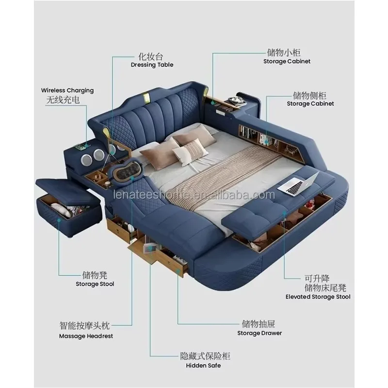 YTYIN With Bedside Smart Massage Bed Lamp Soft Bed Bedroom With Bluetooth Speaker Large Storage Space Multifunctional