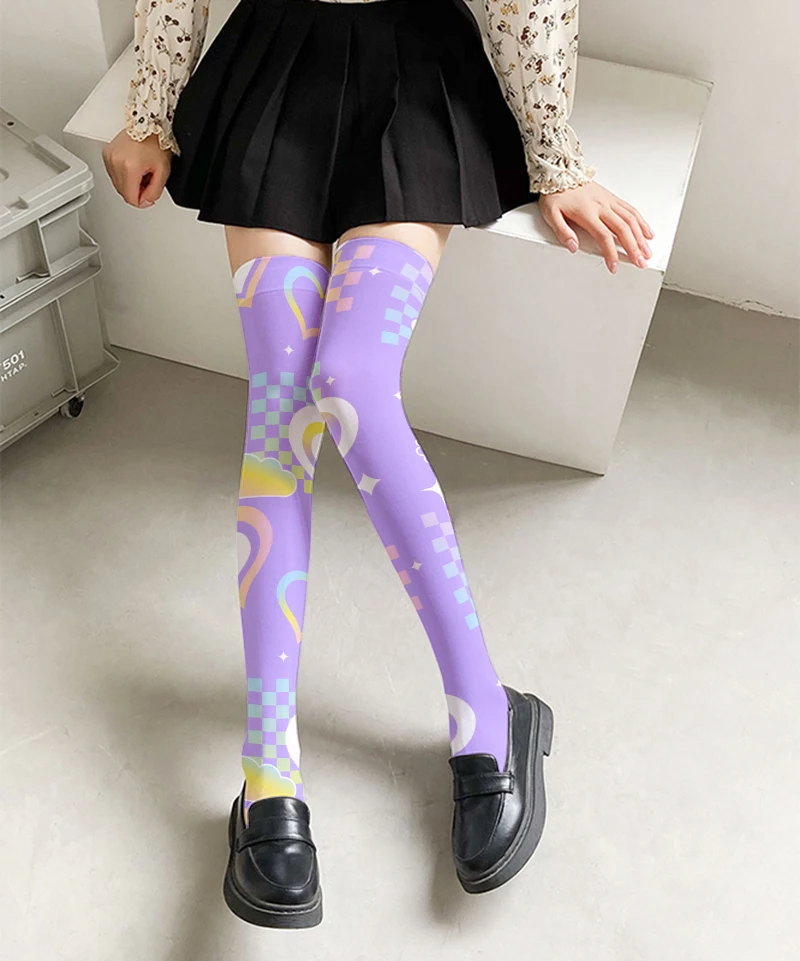 Summer ladies sexy stockings new design flower striped printing pink, white and yellow over-the-knee socks cute sweet girl Loli