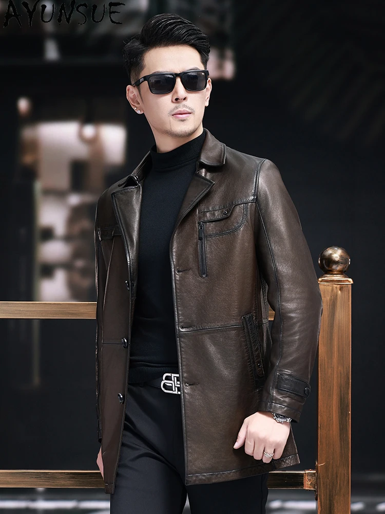 AYUNSUE Real Sheepskin Leather Trench Coat Men Thin Leather Jacket Mid-length Genuine Leather Jackets Man Brown Coat Suit Lapel