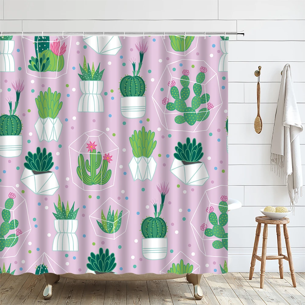 Cactus Shower Curtain Cute Green Succulent Potted Plants Tropical Desert Western Botanical Bathroom Decor Curtains Set with Hook