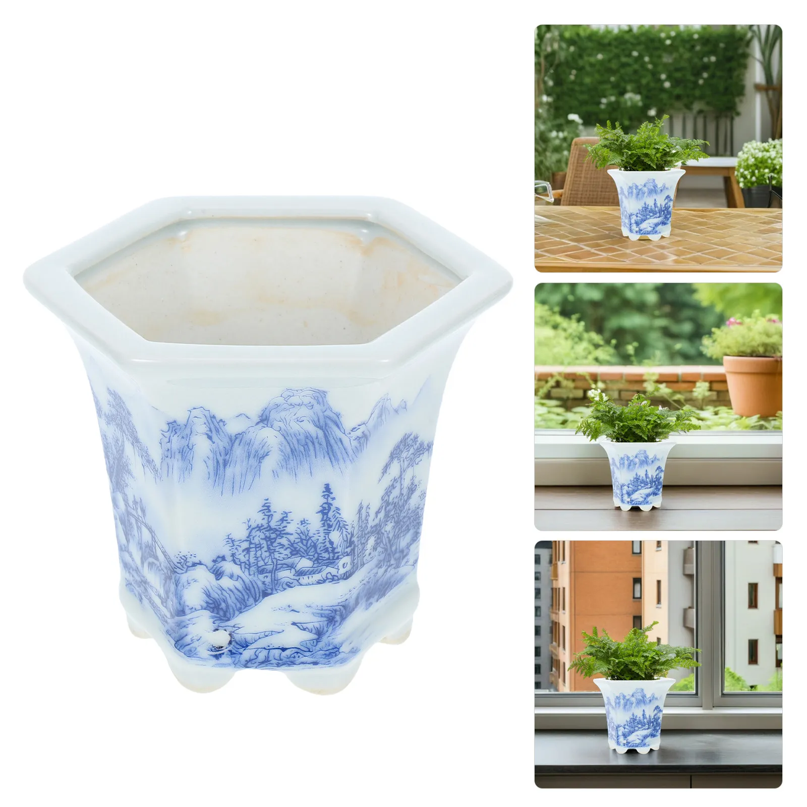 Blue and White Floral Porcelain Ceramic Decorative Flower Pot for Indoor Plants Office Desk Balcony Home Decor Traditional
