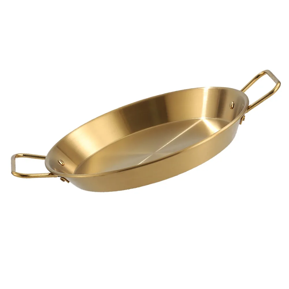 Sartén para paella de doble asa de acero inoxidable con transferencia de calor uniforme, sartén antiadherente dorada para el hogar y restaurantes
