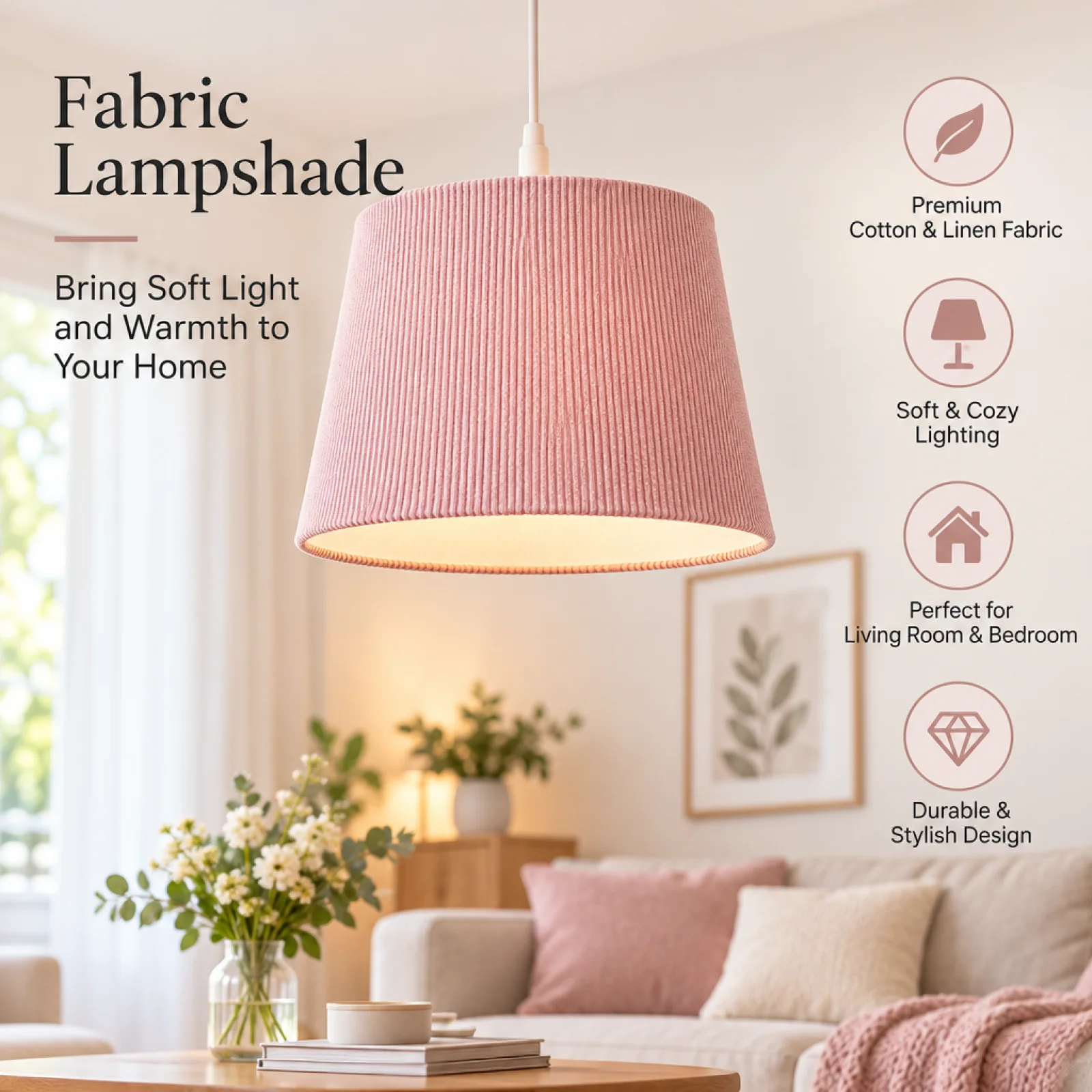 Tapered Cylindrical Lampshade Round Opening Pink Lamp Shade Textile Lampshade