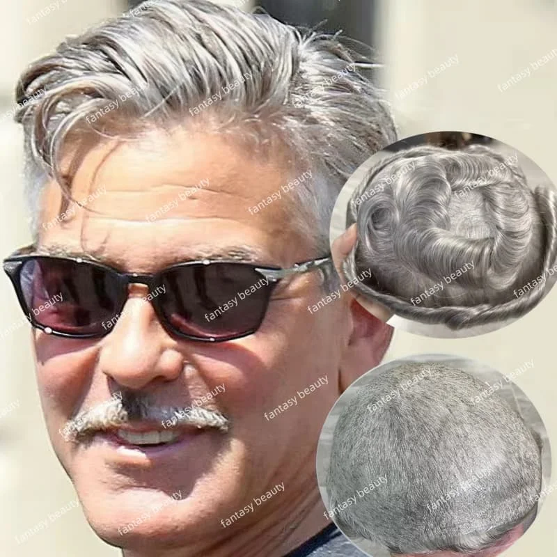 1B65 1B80 أسود أبيض 0.02 مللي متر سوبر دائم رقيقة ذكر رمادي رجالي شعر مستعار شعر بشري حقيقي شعر طبيعي شعري اصطناعي #3